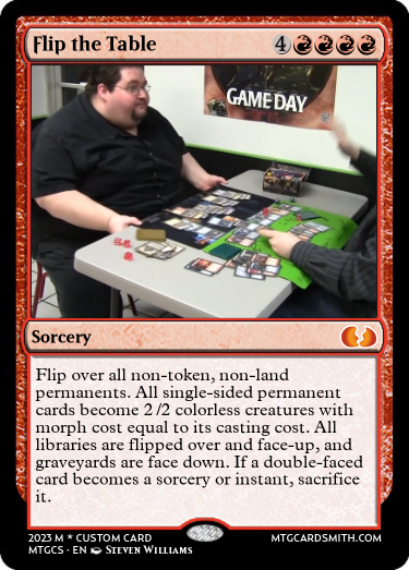 A magic card of a man preparing to flip the table